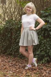 Outfit: Embroidered Unicorn Shirt, Gray Pleated Skirt, and Silver Shoes