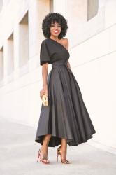 One Shoulder Top + Belted Front Slit Skirt