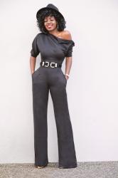 Buttoned Off Shoulder Dolman Sleeve  Jumpsuit