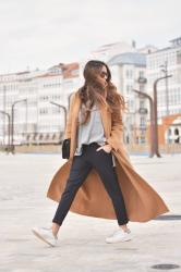 camel coat + striped pants