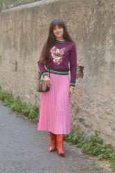 Cat Sweatshirt Bubble Gum Pink Pleated Skirt and Red Marant Boots