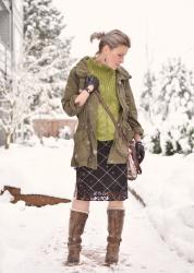 Defiant:  styling a slipdress with a cropped sweater, army parka, and fleece-trimmed knee boots