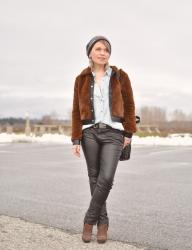 Joyride:  styling vegan leather jeans with a chambray shirt and teddybear bomber