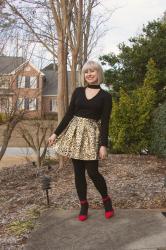 Outfit: Metallic Leopard Print Skirt, Faux Choker Top, and Red Wedges