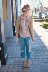 Camel Blazer + Blush Hoodie with Boyfriend Jeans.