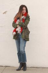 J.Crew Camo Jacket, Multi Color Scarf & Celine Bam Bam Boots