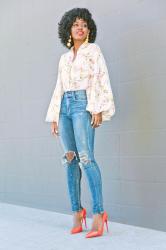 Floral Bishop Sleeve Top + High Waist Distressed Jeans