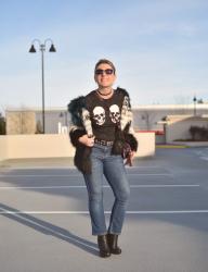 Skulduggery:  styling a skull-motif tee with cropped flare jeans and a faux-fur jacket