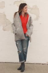 J.Crew Collection Reversible Shearling Jacket & Celine Bam Bam Boots