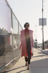 Pink Coat and Belted Leather Pants for NYFW Day 6