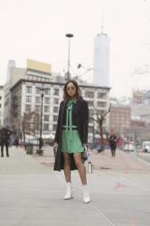 Green Eye Makeup and Polkadot Dress for NYFW