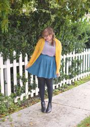 Yellow Cardigan + Teal Skirt