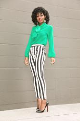 Bow Blouse + Black & White Striped Ankle Pants