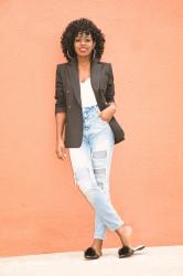 Double Breasted Blazer + White Tee + Distressed High Waist Jeans