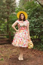 Veggie print dress, vintage veggie purse, and the perfect yellow hat