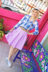 {Outfit}: Plaid Shirt and Lilac Skirt