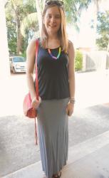 Metallic Tanks, Maxi Skirts and Red Rebecca Minkoff Unlined Saddle Bag