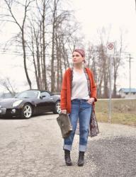 Red rider - styling boyfriend jeans with platform booties, a kimono, and a chunky cardigan