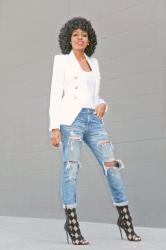 Double Breasted Blazer + Tee + Distressed Boyfriend Jeans