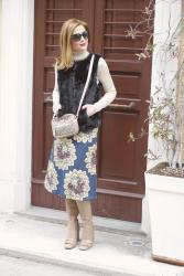 Floral tapestry skirt and faux fur vest