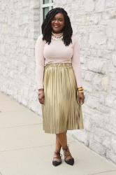 Gold Pleated Metallic Skirt + Blush Turtleneck