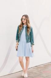 a flowy light blue dress