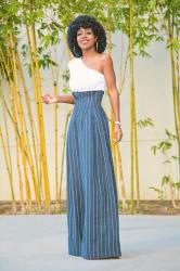 One Shoulder Top + High Waist Striped Pants