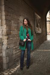 Outfit: professional in moss green coat and bootcut denim