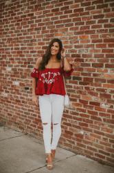 Embroidered Cold Shoulder Top