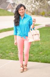White pumps and blush skinnies for spring