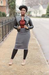 Striped Body-con Skirt + Leather Moto Jacket