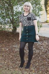 Outfit: Green Corduroy Skirt, Leopard Print Tee, and Olive Earrings
