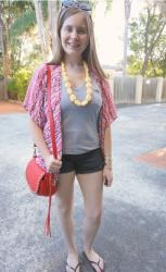 Printed Kimonos, Plain Tops and Denim Shorts with Colourful Cross Body Bags