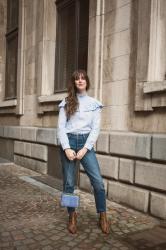 Outfit: ruffle blouse, Levi's wedgie fit