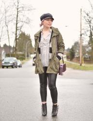 Head games:  styling a baker boy cap with a gingham shirt, parka, and vegan leather leggings
