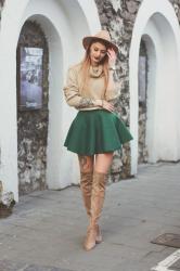 Beige sweater & green skirt