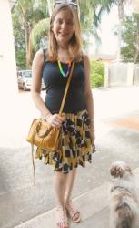 Black Tanks, Printed Pieces and Rebecca Minkoff Mustard Yellow Micro Regan Bag