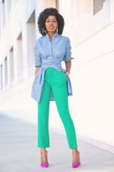 Belted Denim Tunic Shirt + Pleated Ankle Length Pants