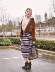 All Season - styling a striped midi skirt with a teddybear bomber jacket and wedge booties