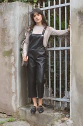 Leather Dungarees, Ruffle Sweater and Princetown Mules