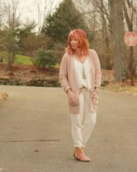 Blush Cardigan & Cream Joggers:  Chico’s BFF Event