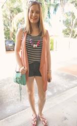 Striped Tops, Pink Sleeveless Jacket and Denim Shorts