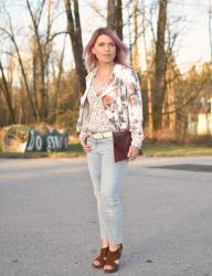 Converted:  styling a polka-dotted blouse with a floral moto jacket and faded skinny jeans