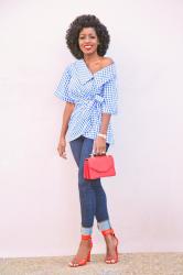 Gingham Wrap Top + High Waist Levi’s Jeans