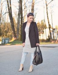 Bed time:  Styling a jersey tank dress over skinny jeans, with a slouchy suit jacket and ivory booties