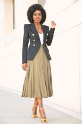 Double Breasted Blazer + V-Neck Body + Pleated Midi Skirt