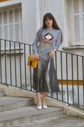 Sequins For the Day ♥ Wonder Woman Sweatshirt, Sequin Midi Skirt and White Pumps