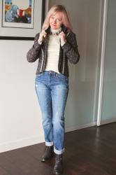 Mixing It Up: Gunne Sax-Style Jacket with Denim, Boots, and Sneaks
