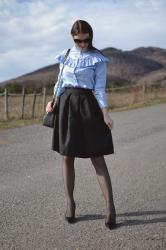 black jacquard skirt & polka dots blouse with ruffle 