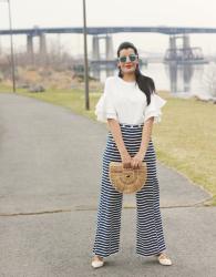 Lookbook: Striped Sailor Pants, Frilly Sleeves, Cult Gaia Ark Bag